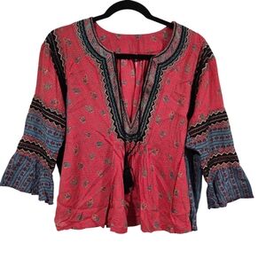 Free People SP Boho Split-Neck Peasant Top in Red with Blue Sleeve Accents